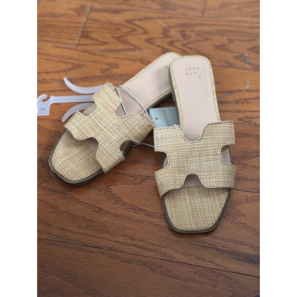 A New Day Tan Raffia H-Band Slide Sandals Square Toe Woven Slip On Shoes